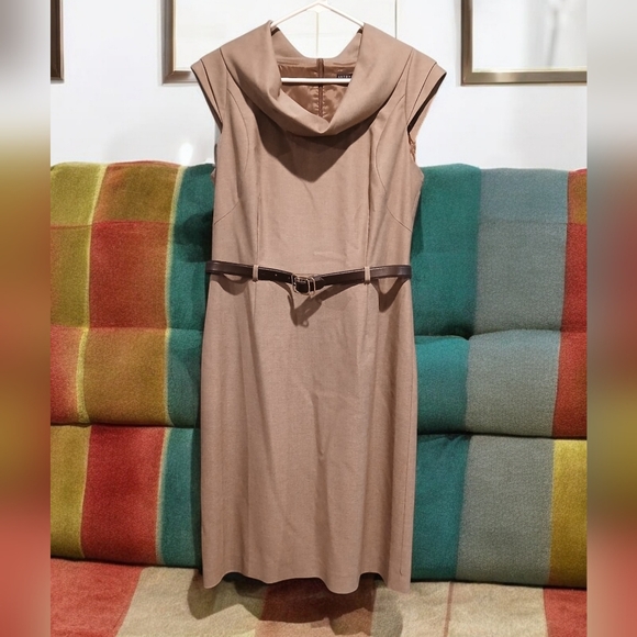 ANTONIO MELANI Dresses & Skirts - Tan Midi Sheath Dress with Cowl Neck and Cap Sleeves for Work